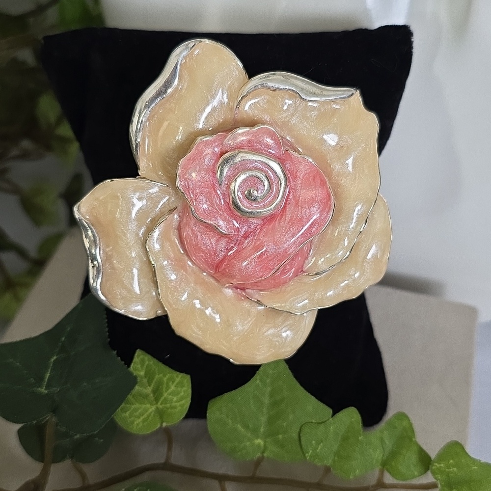 Vintage Statement Gold Enamel Pink Ivory Rose Flower Brooch Pin